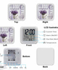 Purple Lavender Farm Wooden Cube LED Digital Alarm Clock showing time and temperature from top, front, and side views.