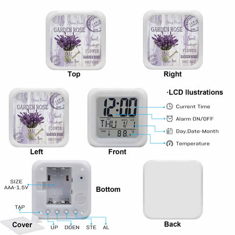 Purple Lavender Farm Wooden Cube LED Digital Alarm Clock showing time and temperature from top, front, and side views.