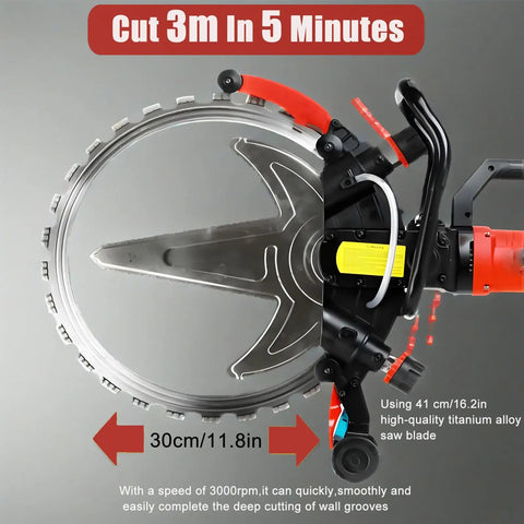Heavy Duty Dual Blade Concrete Wall Cutter With Robust 8980W Motor And Rock Solid 3000Rpm Speed For Zero Sweat 11.8 Inch Deep Cuts Through Granite Rebar And Professional Masonry Jobs, featuring blade and handle.