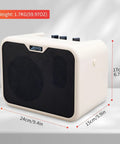 Compact 10W Bass Amp For Practice, Dual Channel Normal And Drive, Battery Powered Portable Bass Guitar Amp shown with dimensions