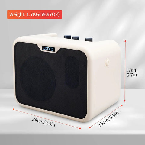 Compact 10W Bass Amp For Practice, Dual Channel Normal And Drive, Battery Powered Portable Bass Guitar Amp shown with dimensions