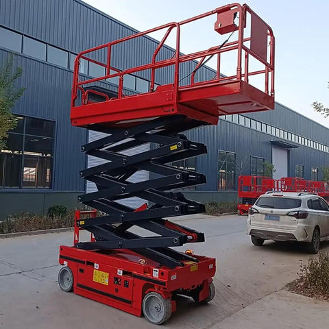 Heavy Duty Self Propelled Scissor Lift With 26 Foot Electric Aerial Work Platform And 450 Kilogram Load Capacity in operation outdoors.