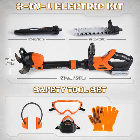 3-in-1 Kids Yard Tools Set With Realistic Lights And Sounds, Kid-Friendly Weed Wacker Toy, Leaf Blower Toy, Chainsaw Toy, and Safety Gear