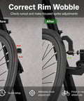 Slick Portable Bike Wheel Truing Stand showing before and after rim adjustments for MTB and road cycles with precise alignment features.