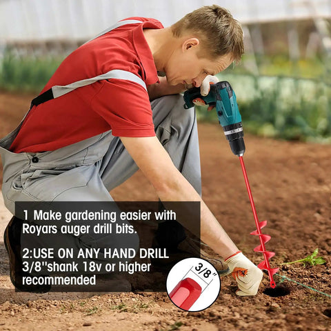 Man using Upgrade 3-Piece Auger Drill Bit Set For Easy Planting, Bulbs, And Garden Beds with hand drill in garden