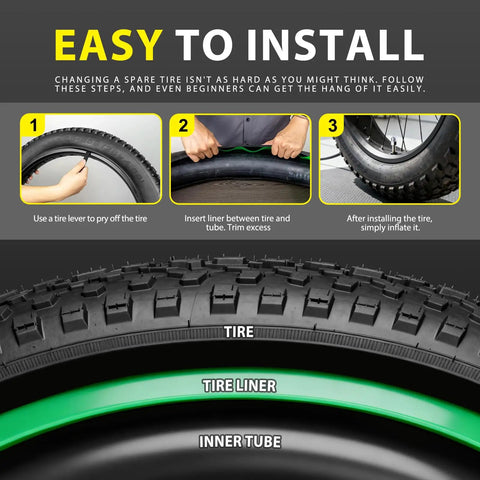 Installation guide for Fat Tire Liners 2 Pack TPU Tube Protection For Fat Bikes And E Bikes, Shield Flats From Thorns And Nails, Weather And Heat Resistant, Fits 20x4.0, 24x4.0, 26x4.0 Fat Tires For Mountain, Cruiser, And Electric Bikes.