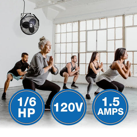 18 Inch Industrial Wall Mount Fan With Pivoting Head For Directional Airflow One Sixth Horsepower Powder Coated Steel Black Great For Garage Or Workshop installed in a fitness room.