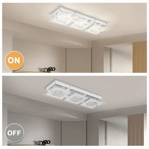 Crystal Rectangle Ceiling Light Fixture Flush Mount LED, Modern Hallway Kitchen Bathroom Bedroom Lighting, "On" and "Off" view