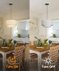 Killer 18 Inch Double Drum Pendant Light Featuring Dual Beige Linen Shades For Major Home Glow Up And Pro Level Ceiling Vibe In Your Dining Room Or Living Space, above dining table.
