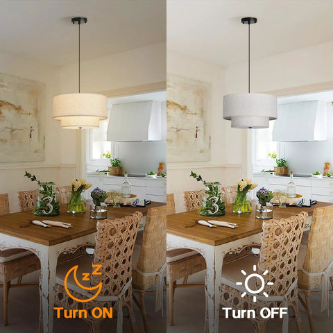 Killer 18 Inch Double Drum Pendant Light Featuring Dual Beige Linen Shades For Major Home Glow Up And Pro Level Ceiling Vibe In Your Dining Room Or Living Space, above dining table.
