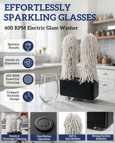 Turbo 600 RPM Home Glassware Polisher And Wine Glass Cleaner Machine with soft bristles and wine glass on countertop.