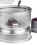 Duossal Two Point Zero Camping Stove Kit With Stainless Steel Lined Pans, showing lightweight aluminum and gas canister setup.