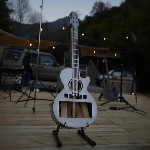 Guitar Shaped Outdoor Fire Pit Stainless Steel Wood Burning With Removable Ash Pan Stand And Carry Bag for patio use.