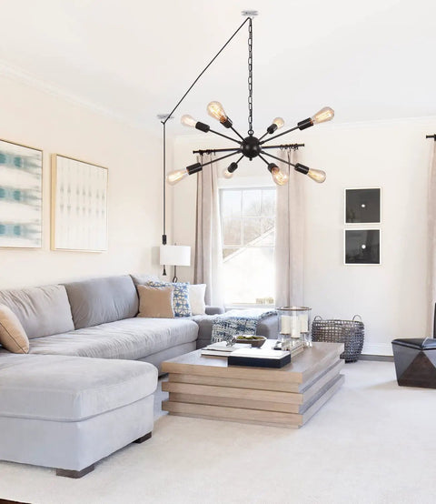 Eight Light Plug In Sputnik Pendant Chandelier With On Off Switch in modern living room with large beige sofa