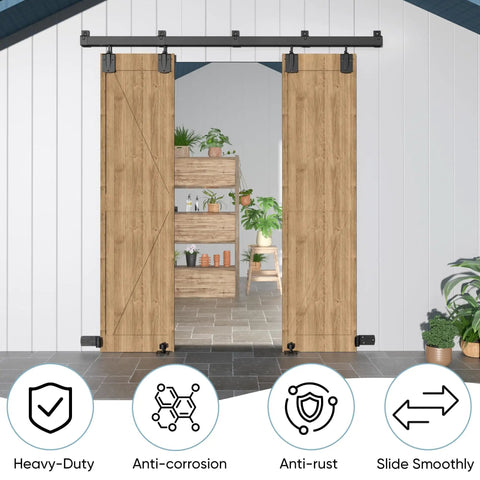Installed 8ft Beefy Box Rail Exterior Barn Door Hardware Kit for Sliding Barn Doors, black finish, outdoor use shown