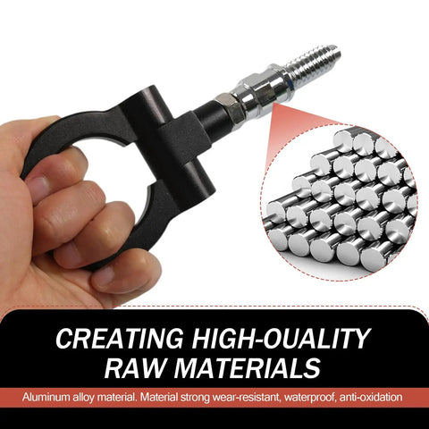 Red Alloy Car Front Bumper Tow Hook With Foldable Design, Rust Proof Recovery Ring mounted for easy grip and use.