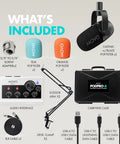 On-The-Go Podcast Kit For iPhone And Android with 2 CastMic Dynamic Mics, USB Interface, and Boom Arms contents displayed.