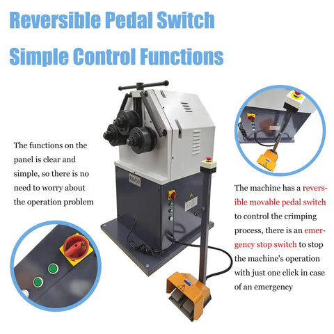 Heavy Duty Vertical Electric Rolling Bending Machine With Slick Pinch Roll Setup And Rock Solid Ring Forming Capability On No Sweat 220V Single Phase Power with reversible pedal switch.