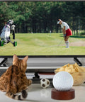 Tabletop scene with Wooden Golf Ball Display Stand For Desk With 2 Inch Ball Holder Tiny Wood Tabletop Display and TV showing golf.