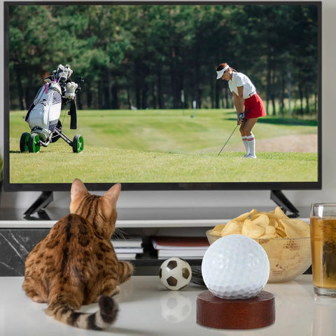 Tabletop scene with Wooden Golf Ball Display Stand For Desk With 2 Inch Ball Holder Tiny Wood Tabletop Display and TV showing golf.