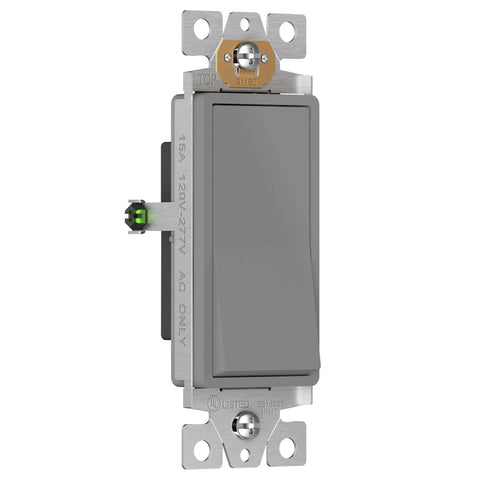 Slick Decorator Paddle Rocker Light Switch Gloss Gray Finish Single Pole 3 Wire Grounding Screw Residential Grade 15A 120V 277V UL Listed 10 Pack