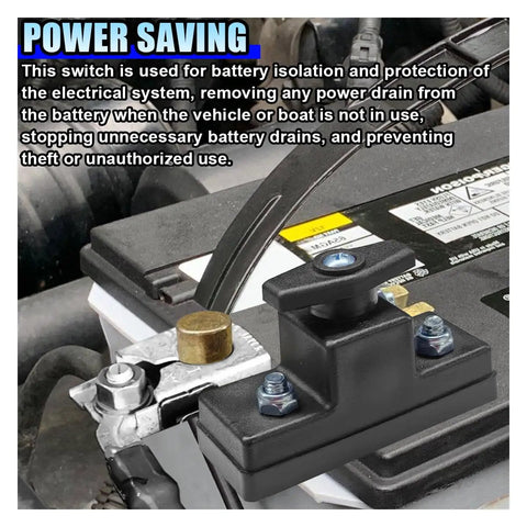 Heavy Duty Battery Disconnect Switch 12V 24V Power Cut Off installed on battery, showing brass and black material in vehicle.