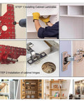 Installation steps using No Fuss 2 In 1 Shelf Pin And Hinge Jig With 35mm Hole Drill Bits, all-metal cabinet tool in red.