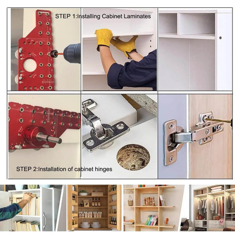 Installation steps using No Fuss 2 In 1 Shelf Pin And Hinge Jig With 35mm Hole Drill Bits, all-metal cabinet tool in red.