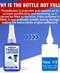 Blue medium strength threadlocker bottle explaining why it's half full.