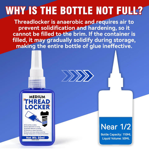 Blue medium strength threadlocker bottle explaining why it's half full.