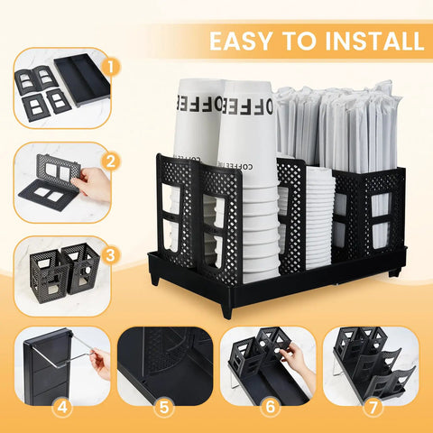 Paper Cup And Lid Holder With Straw Organizer For Countertop Coffee Station Bar Kitchen Or Office Black Fits 8 Oz To 22 Oz Cups Keeps Lids And Straws Neatly Within Reach For Grab And Go Coffee Setup