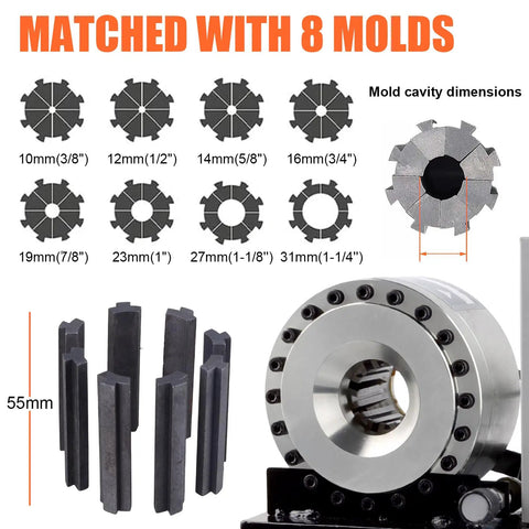 Pro Grade Hydraulic Hose Crimping Machine With 8 Dies Set For Automotive Repair Excavators Farm And Construction Equipment Portable 110V Heavy Duty Crimper Tool On The Job Workhorse, 55mm die set