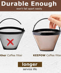 Comparison of other and KEEP POW coffee filter baskets highlighting durability, featuring Reusable Gold Tone Cone Coffee Filter Basket For 8 To 12 Cup Makers, Compatible With Ninja And Cuisinart Coffee Makers, Size 4 Replacement Filter, No Fuss Durable Metal Filter For Rich Cafe Grade Brews.