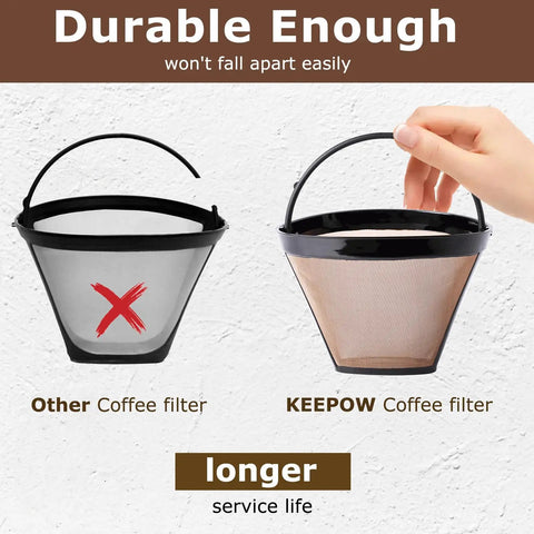 Comparison of other and KEEP POW coffee filter baskets highlighting durability, featuring Reusable Gold Tone Cone Coffee Filter Basket For 8 To 12 Cup Makers, Compatible With Ninja And Cuisinart Coffee Makers, Size 4 Replacement Filter, No Fuss Durable Metal Filter For Rich Cafe Grade Brews.