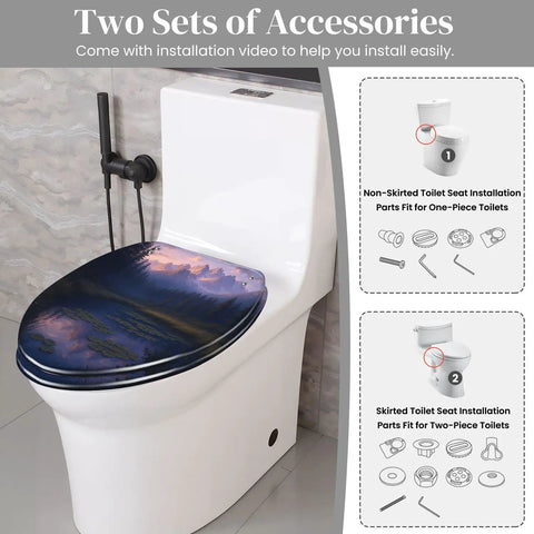 Elongated Resin Toilet Seat for Bathroom on a white toilet; installation accessories included for easy fitting.