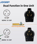 Dual view of Heavy Duty NEMA 10 30P And NEMA 10 50P Angle Plug For Electric Dryers And Ovens with interchangeable blade.