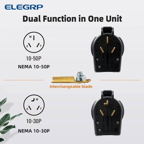 Dual view of Heavy Duty NEMA 10 30P And NEMA 10 50P Angle Plug For Electric Dryers And Ovens with interchangeable blade.
