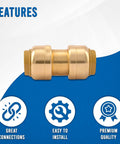 Plug And Play Three Quarter Inch To Three Quarter Inch Push Fit Straight Brass Couplings No Sweat Leak Proof Plumbing Connector Tool Free Pipe Joiner Get It Done Fast Pack Of Twenty Pieces shown in detail with features highlighted.