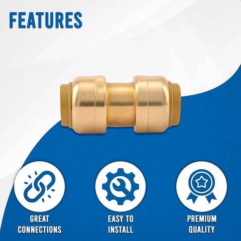 Plug And Play Three Quarter Inch To Three Quarter Inch Push Fit Straight Brass Couplings No Sweat Leak Proof Plumbing Connector Tool Free Pipe Joiner Get It Done Fast Pack Of Twenty Pieces shown in detail with features highlighted.