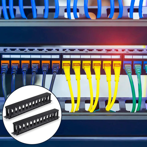 4 Pack 1U Rack Cable Management Sleeves Kit With Horizontal Mount Clips, 12 Slot Organizer shown in server rack setup