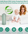 Portable Breast Milk Cooler That Beats The Heat Keeping Milk Super Crisp For Over 24 Hours With Full Surround Cooling Digital Temp Display And Two Leak Proof Flasks, displayed with user and baby.