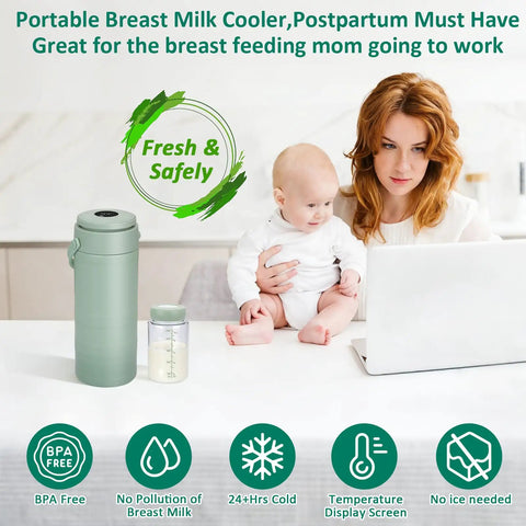 Portable Breast Milk Cooler That Beats The Heat Keeping Milk Super Crisp For Over 24 Hours With Full Surround Cooling Digital Temp Display And Two Leak Proof Flasks, displayed with user and baby.