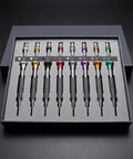 Ultimate 8 Piece Watch Repair Screwdriver Set With Hex Head Metal Shafts And Lightweight Aluminum Body For Precision Glasses Adjustment in a display box.