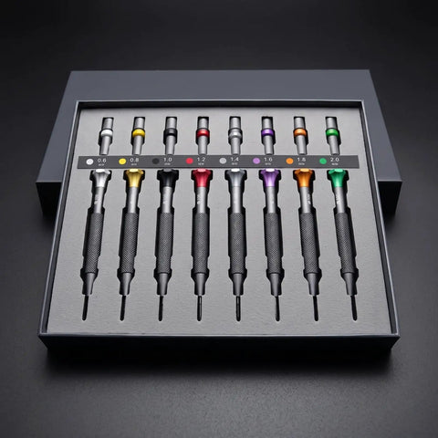 Ultimate 8 Piece Watch Repair Screwdriver Set With Hex Head Metal Shafts And Lightweight Aluminum Body For Precision Glasses Adjustment in a display box.