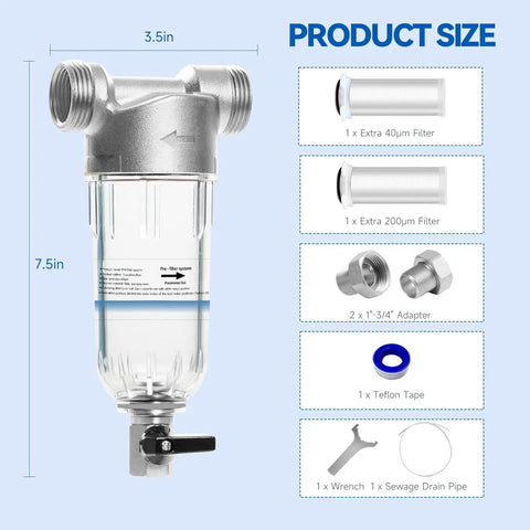 Spin Down Sediment Filter For Whole House Use 40 And 200 Micron Reusable Stainless Mesh with item dimensions and parts shown