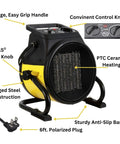Electric Forced Air Heater With Pivoting Base 5120 BTU In Yellow For Garages And Shops, 1500W PTC Ceramic Heating, Rugged Steel Construction