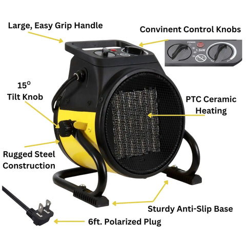 Electric Forced Air Heater With Pivoting Base 5120 BTU In Yellow For Garages And Shops, 1500W PTC Ceramic Heating, Rugged Steel Construction