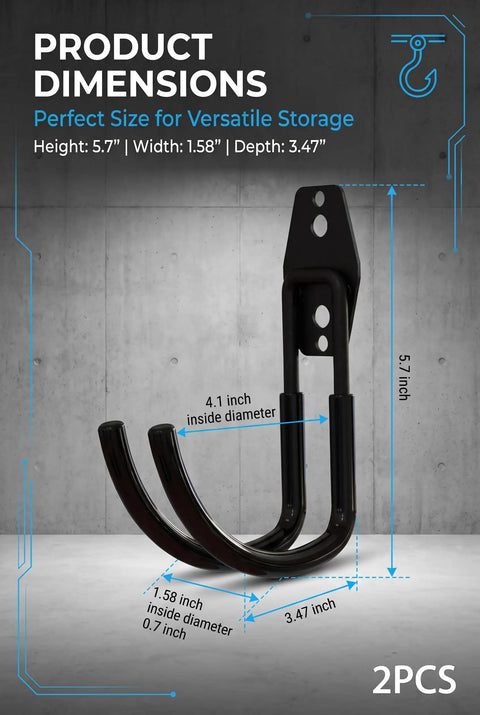 Built Like A Tank 2 Pack EV Charger Holder Wall Mount dimensions showing 5.7 inch tall heavy duty steel cable organizer hooks.
