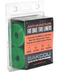 Puncture Proof Fat Tire Liners, Set of 2, packaged in clear plastic, green color for fat bikes, adjustable wheel size protection.