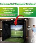 Home Golf Simulator Enclosure Complete Set With Heavy Duty Frame And HD Impact Screen 8x8 Ft Setup in room with golfer
